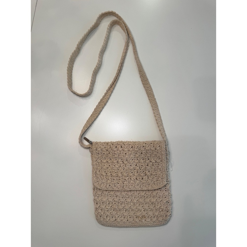 Cream Crochet Woven Crossbody Bag Boho Festival Small Purse Zip Top